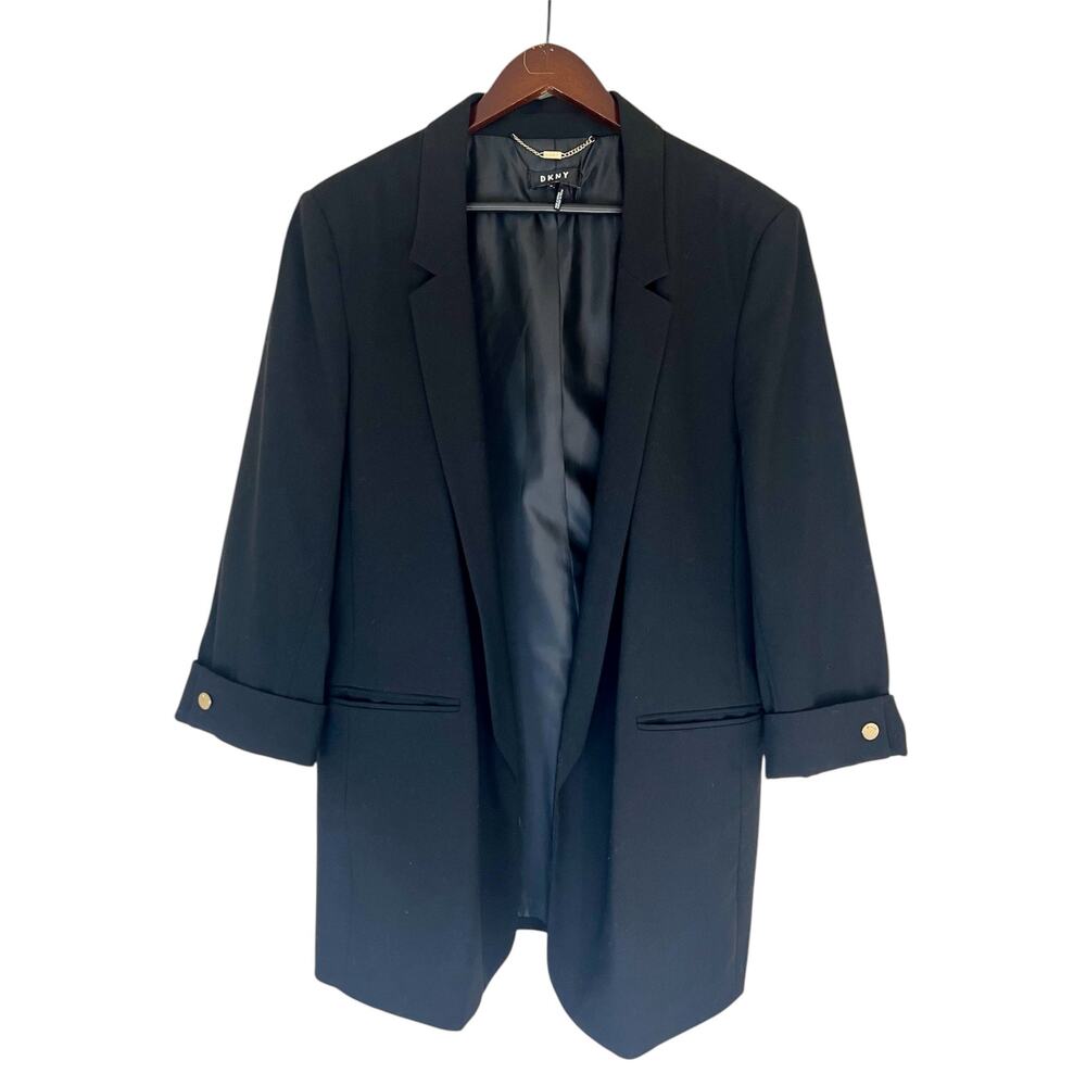 DKNY Womens Black Blazer Jacket Open Front 3/4 Sleeve Long Oversized Size 18